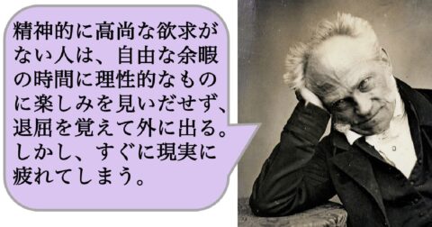 精神的に高尚な欲求がない人は、自由な余暇の時間に理性的なものに楽しみを見いだせず、退屈を覚えて外に出る。しかし、すぐに現実に疲れてしまう。 – 求めない練習　絶望の哲学者ショーペンハウアーの幸福論