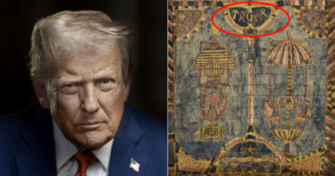 トランプ大統領＝タイムトラベラー説を裏付ける新証拠!? 100年以上前の絵画に”UFOに乗る姿”が描かれていた！